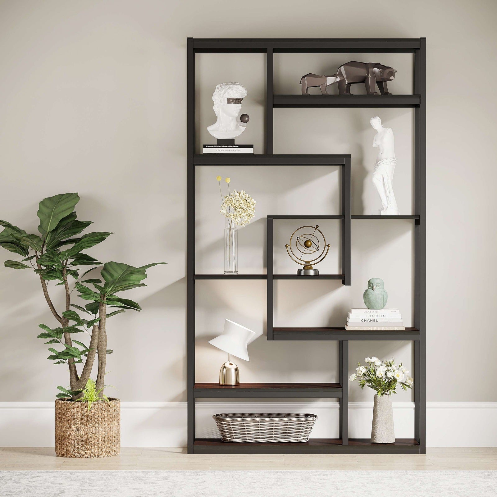 8-Shelf Staggered Bookshelf,  Industrial Etagere Bookcase