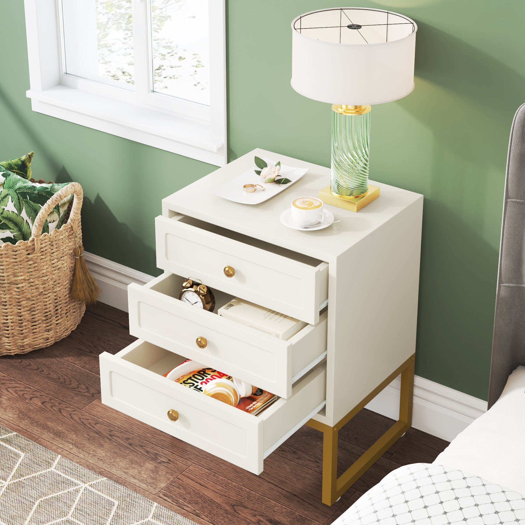 3-Drawer Nightstand, Modern Bedside End Table with with Metal Legs