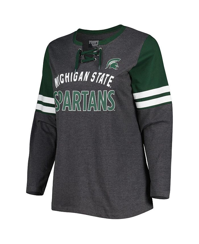Women's Heather Charcoal and Green Michigan State Spartans Plus Size Stripe Lace-Up V-Neck Long Sleeve T-shirt