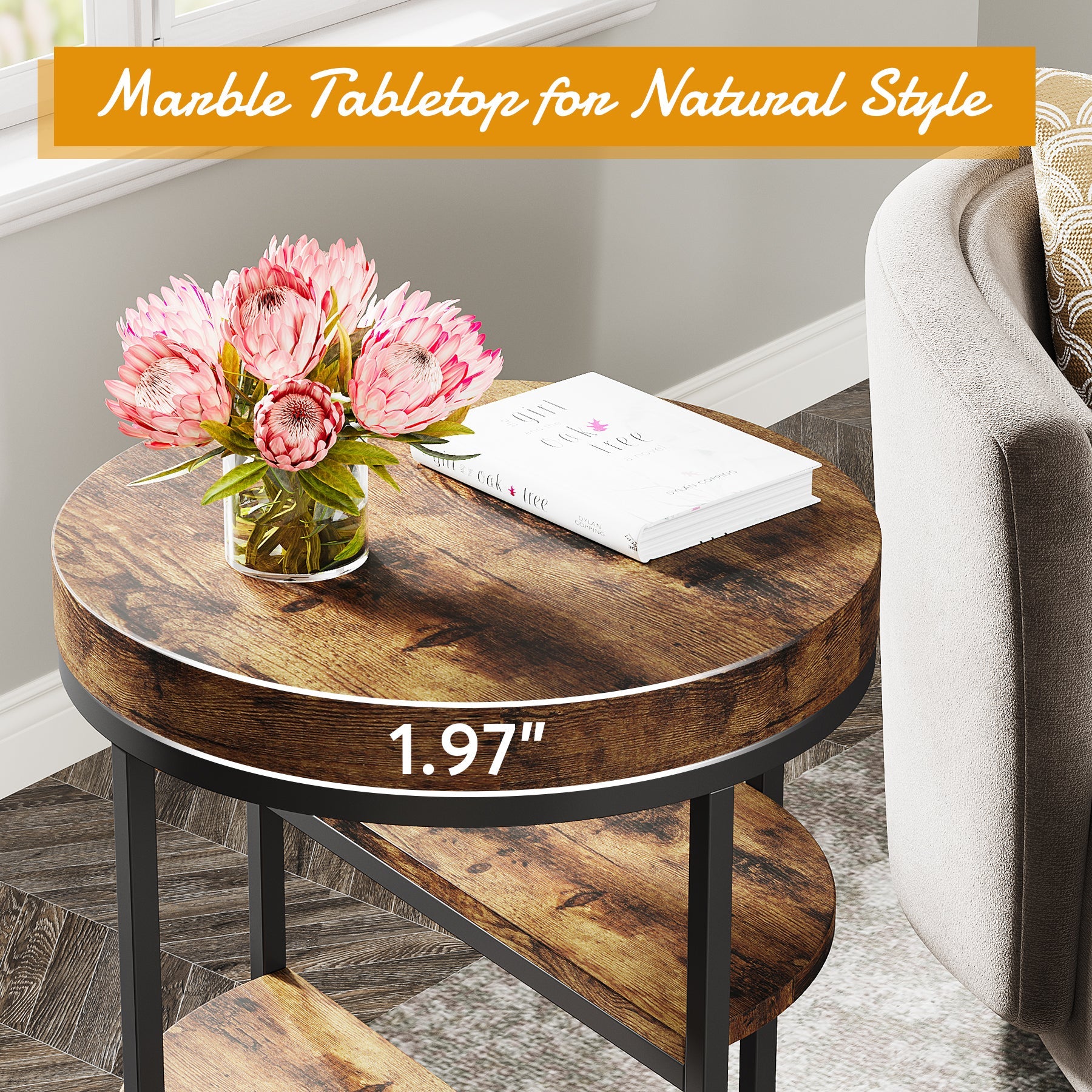 Round End Table, Small  Side Table Nightstand with 3-Tier Shelves