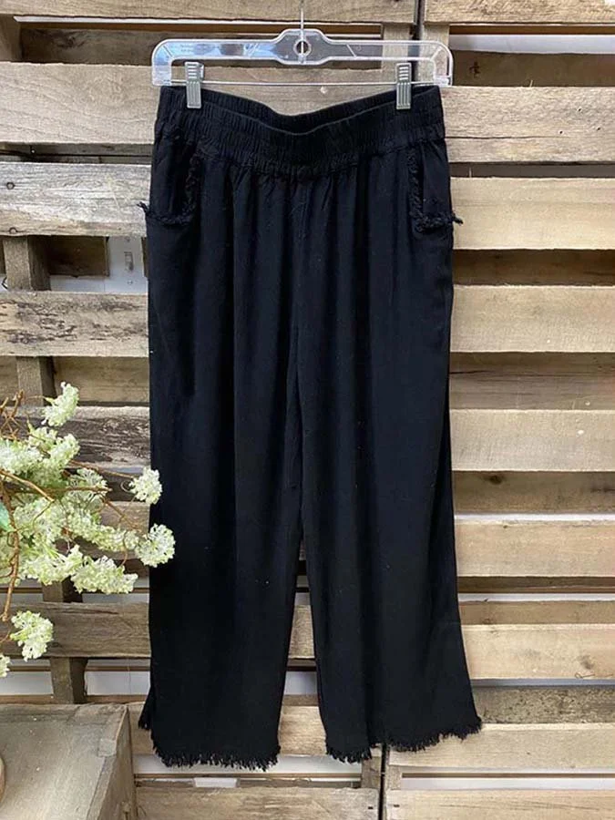 Women's cotton and linen fabric fringed cropped casual pants