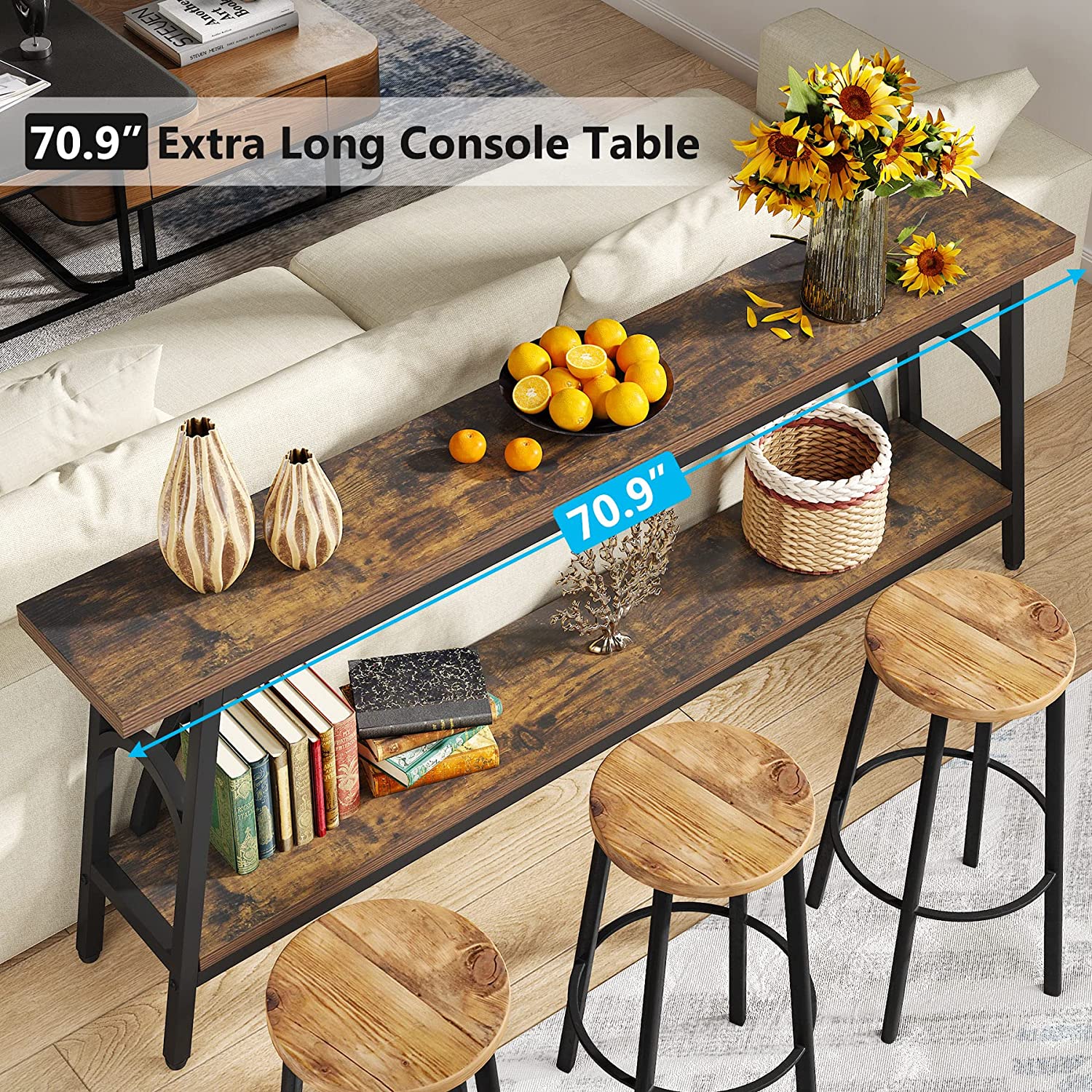 2-Tier Console Table, 70.8” Sofa Table Hallway Table with Open Shelves