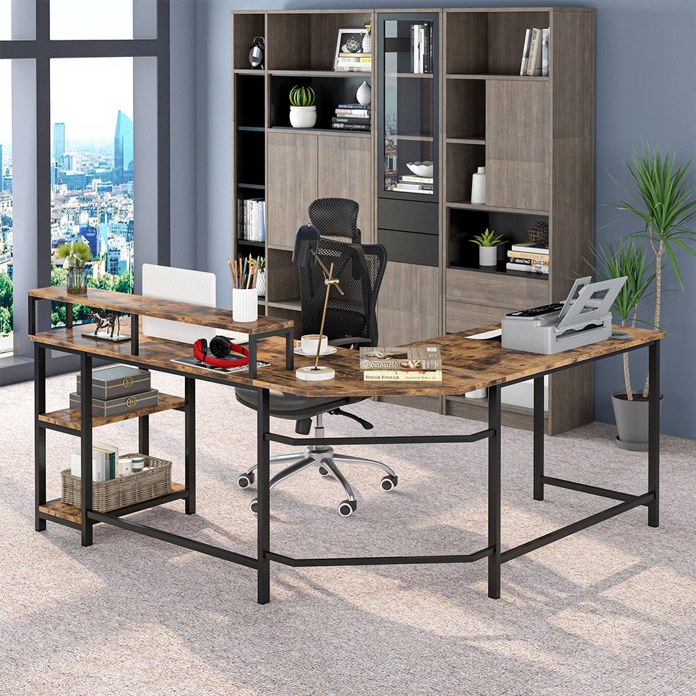 Industrial L-Shaped Desk, Corner Computer Desk with Monitor Stand & Shelves