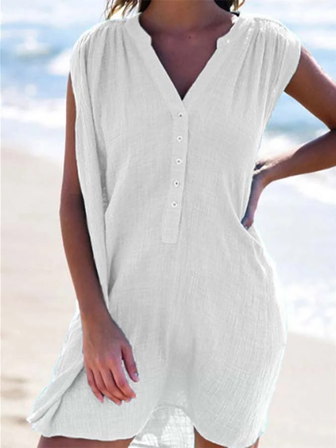 women's v-neck button sleeveless dress