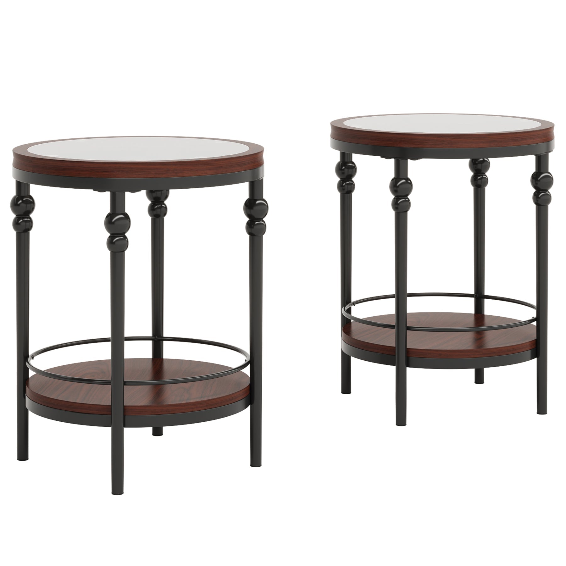 Round End Table, 2-Tier Side Table with Glass Tabletop & Storage Shelf