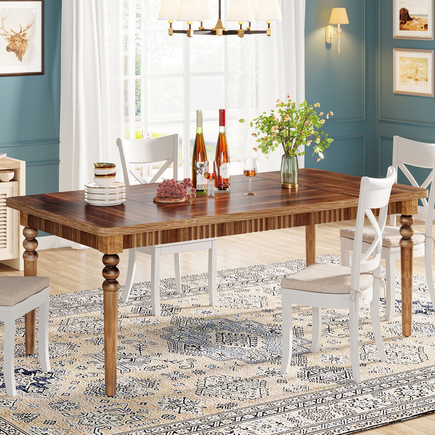 Farmhouse Dining Table for 4-6 People, Kitchen Table with Solid Wood Turned Legs