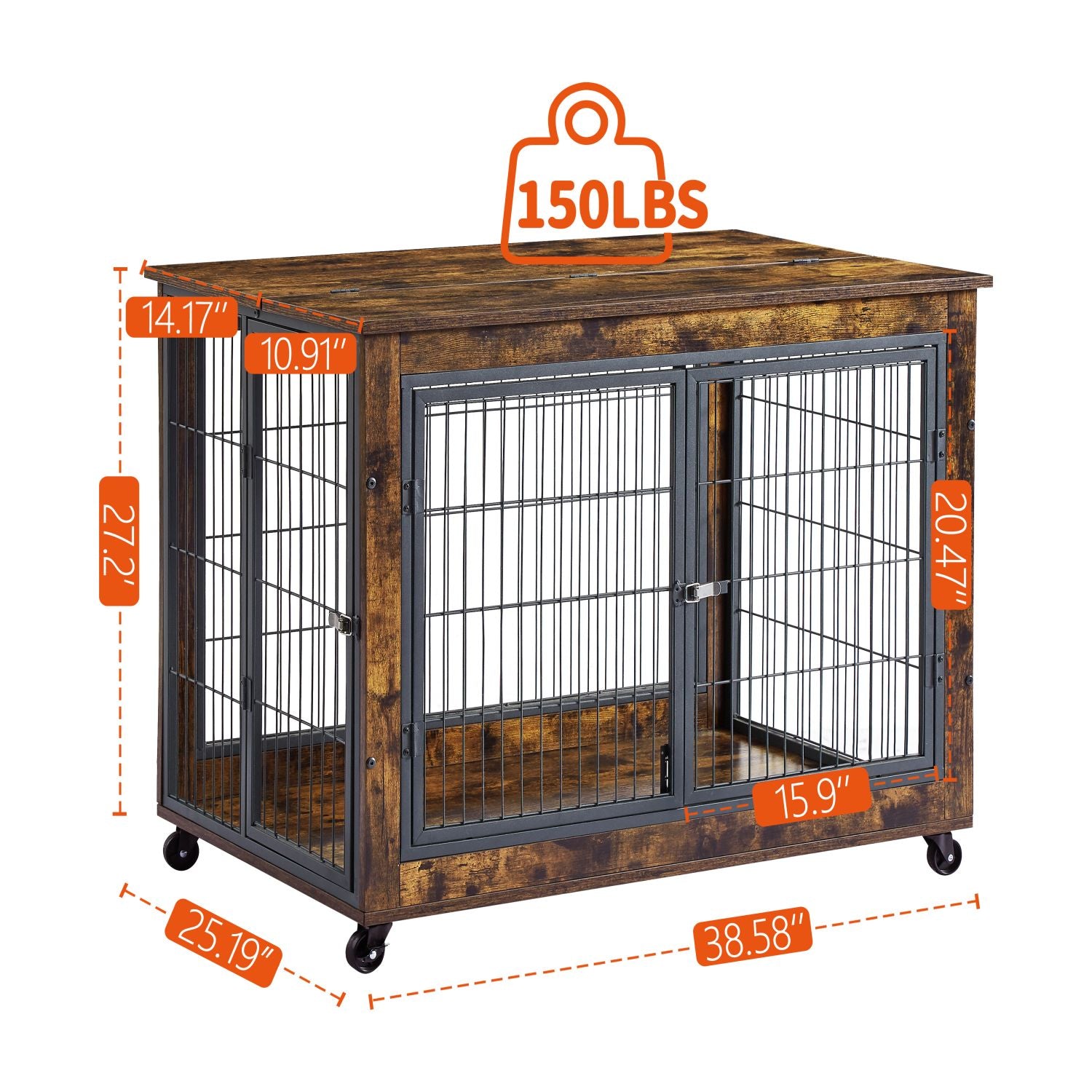 BATE Dog Crate for Small Medium Dogs， Furniture-Style Dog Kennel Cages with Wheels， Brown