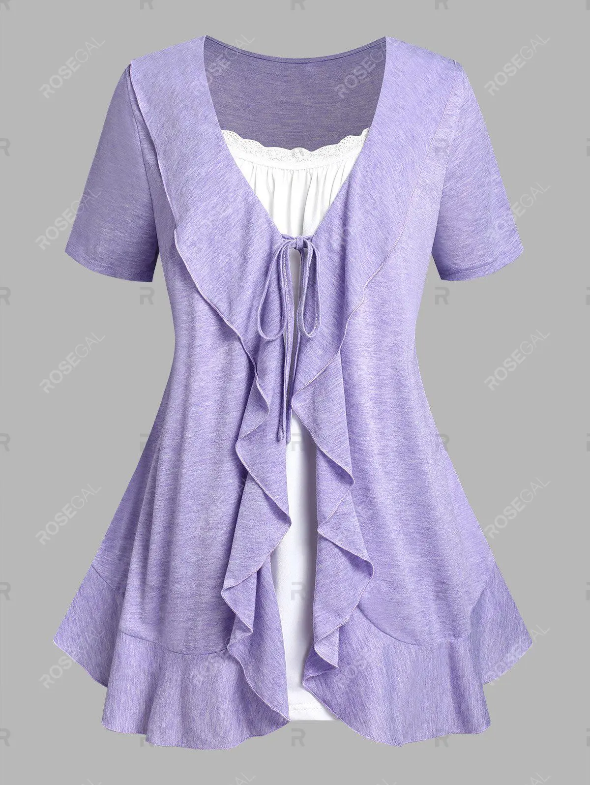 Lavender Ruffled 2 in 1 Tee and Floral Print 3D Jeggings Plus Size Summer Outfit