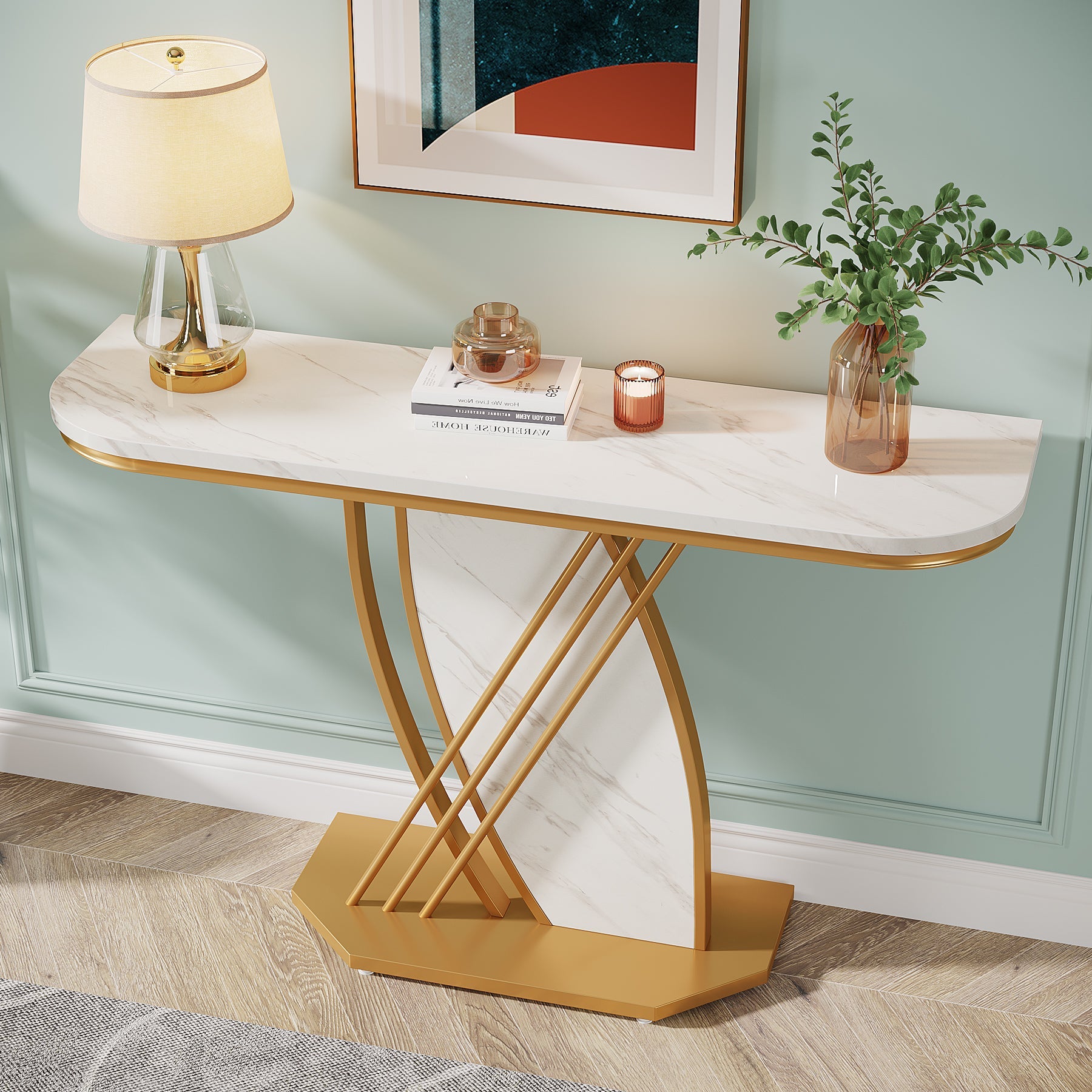 Modern Console Table, Faux Marble Sofa Table with Geometric Metal Legs