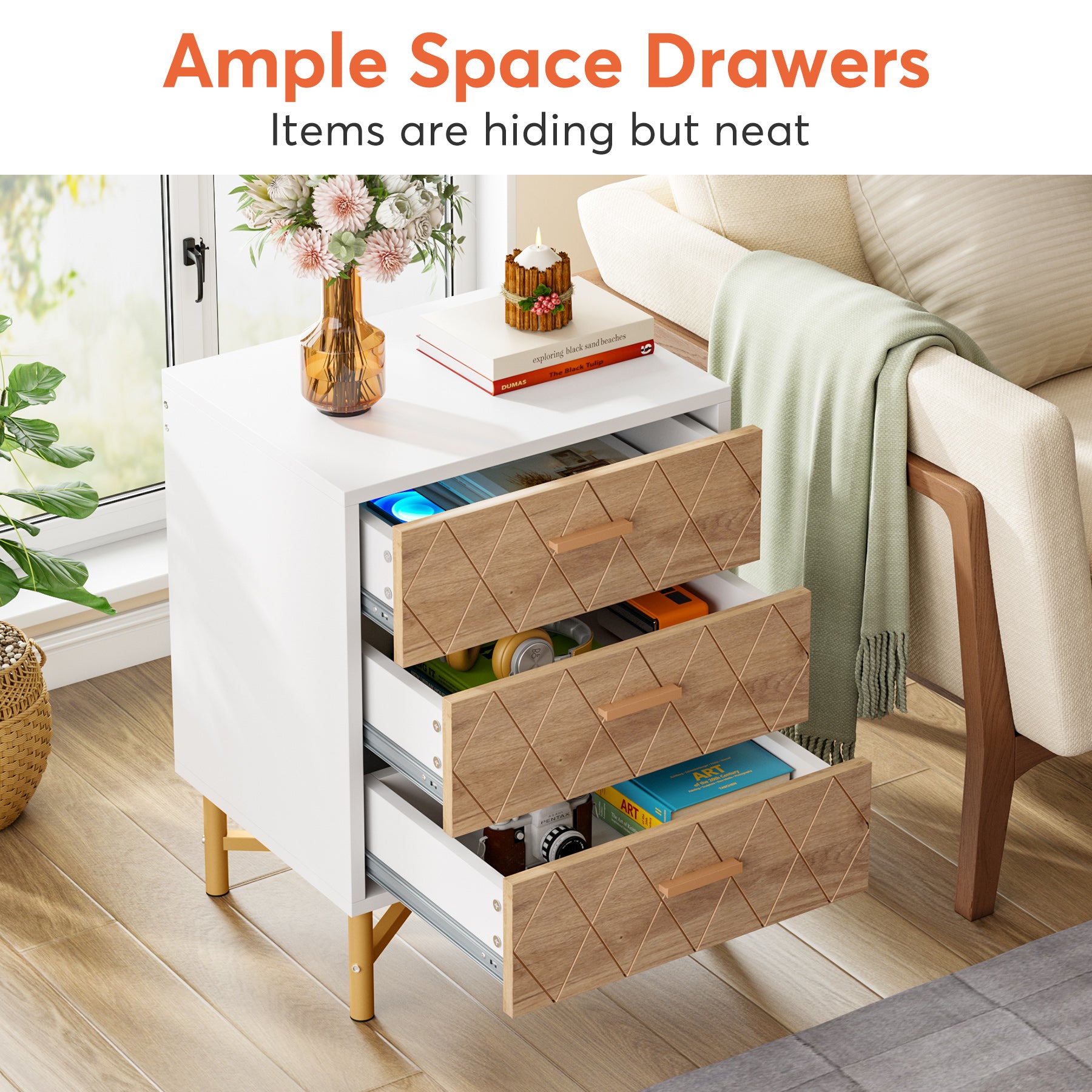 3-Drawer Nightstand, Modern Bedside Table with Metal Legs