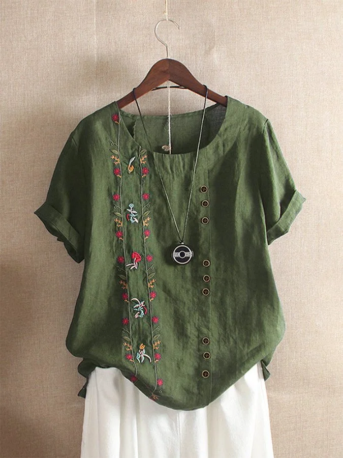 Women's Vintage Cotton Linen Embroidered Round Neck Short Sleeve T-Shirt