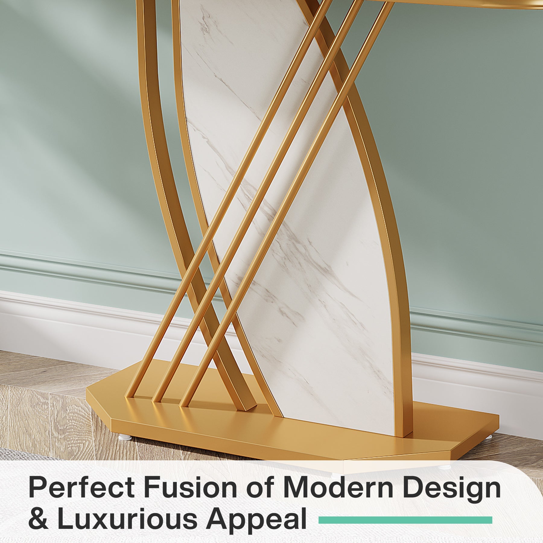 Modern Console Table, Faux Marble Sofa Table with Geometric Metal Legs