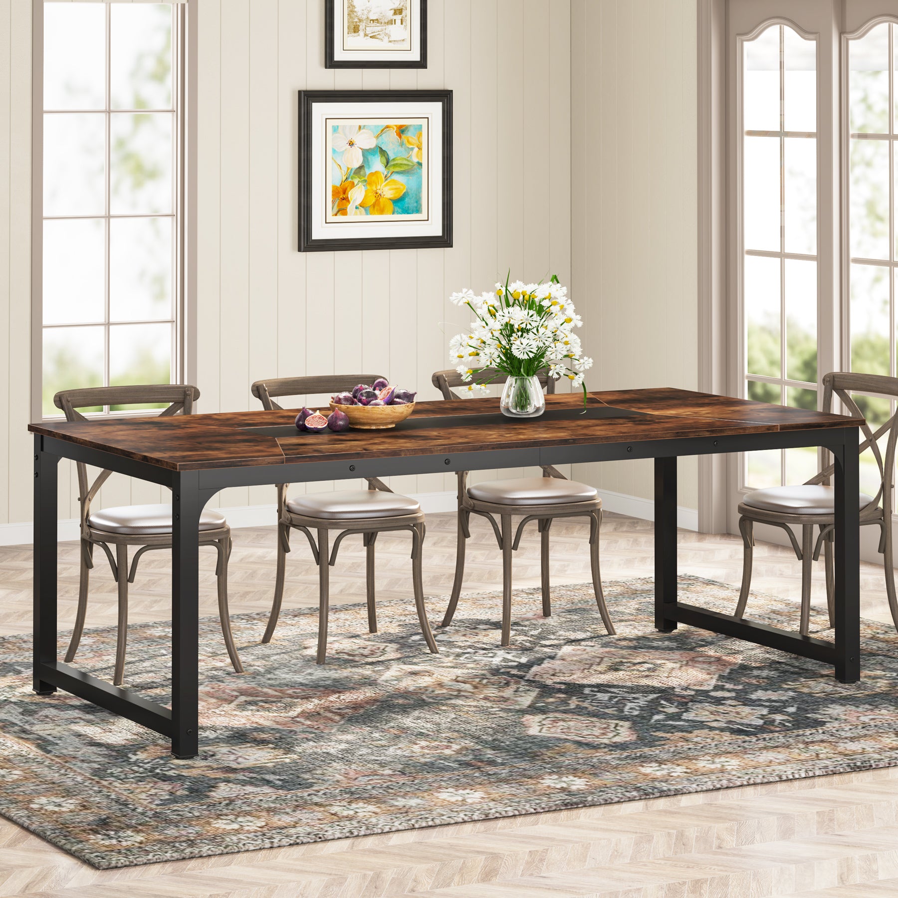 Dining Table for 6-8 Person, Industrial Kitchen Table with Metal Frame