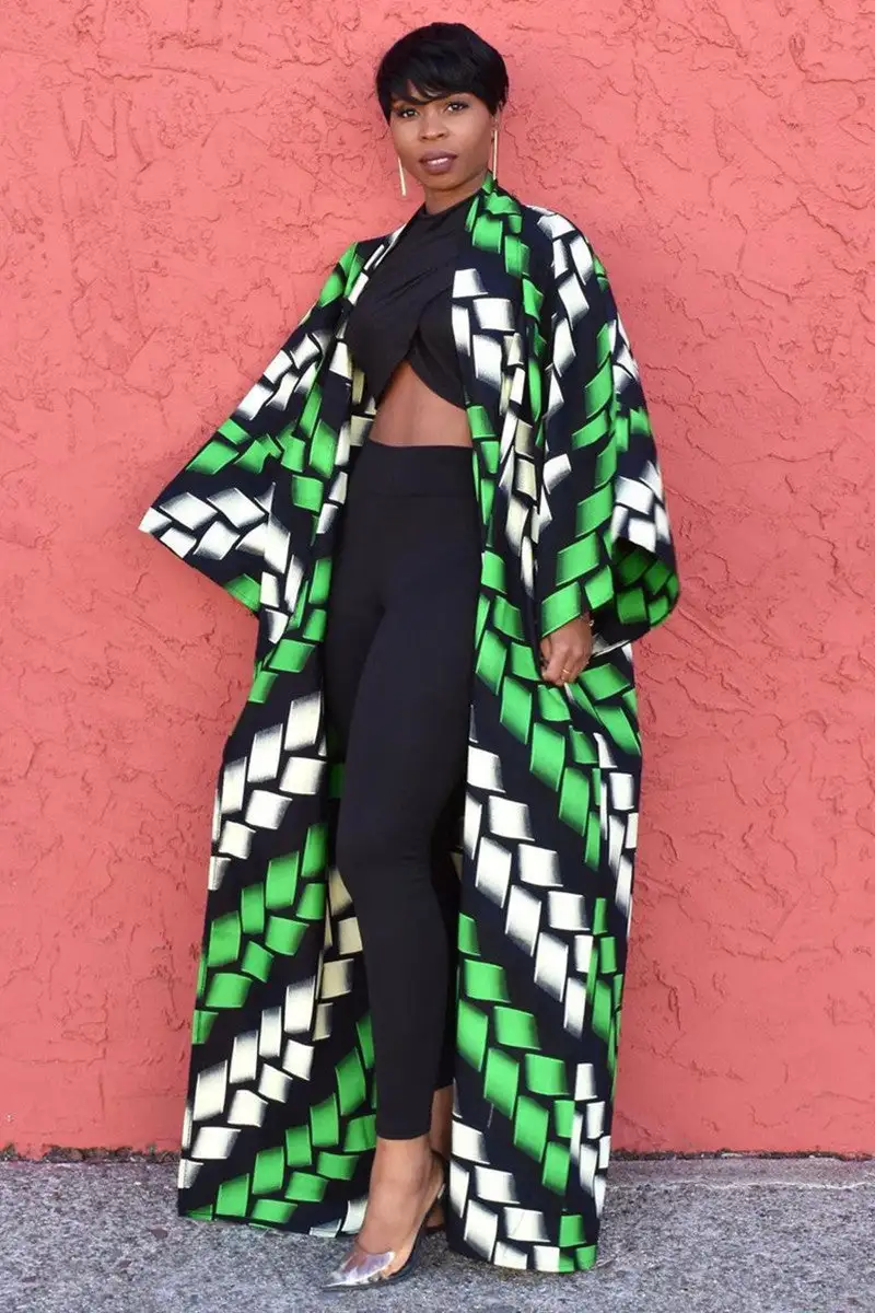 Plus Size Green African Plaid All Over Print Maxi Kimono Cardigan