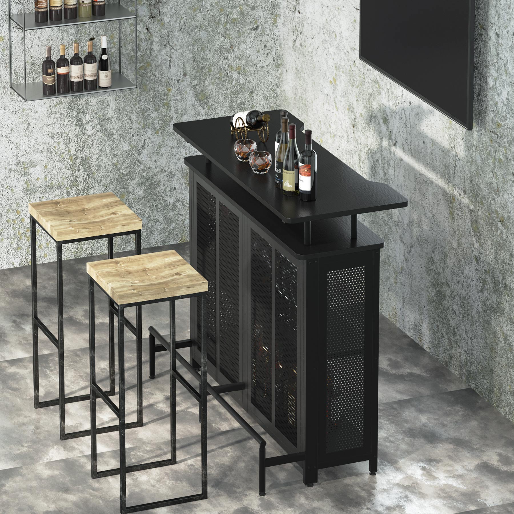 Home Bar Unit, 3-Tier Liquor Bar Table with Stemware Racks