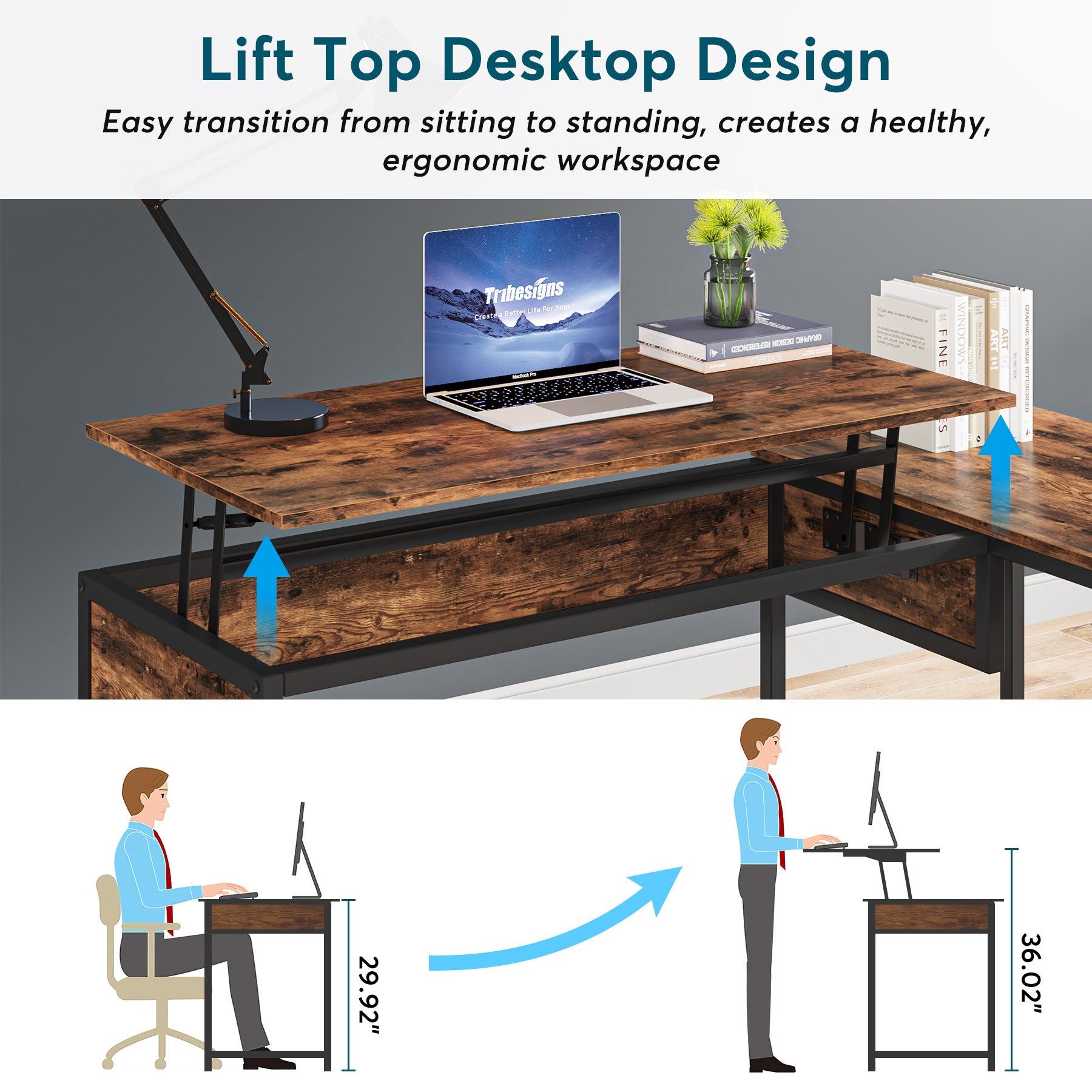 Lift Top L-Shaped Desk, Computer Corner Desks with Drawers