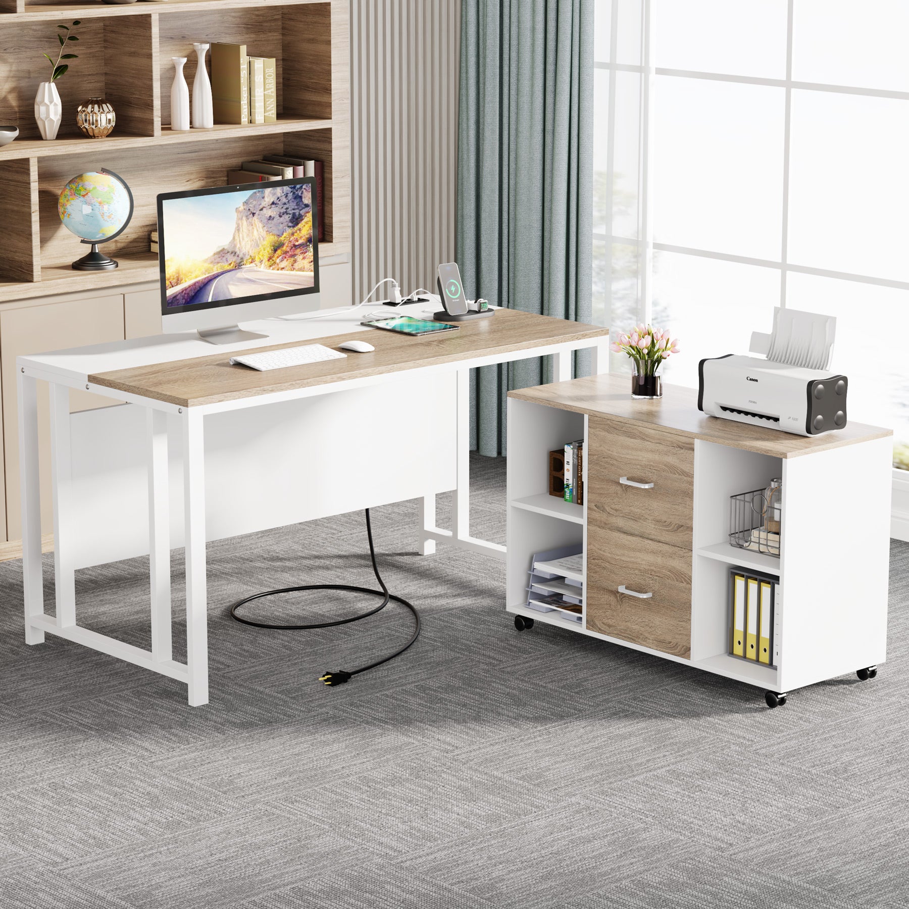 L-Shaped Desk with Power Outlet, 55