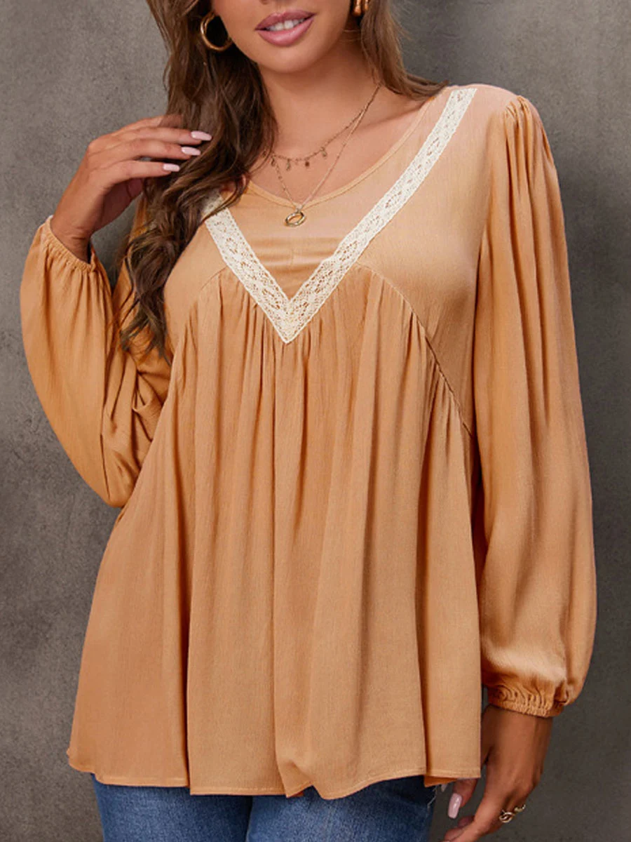 V-neck Casual Loose Lace Panel Long Sleeve Blouse