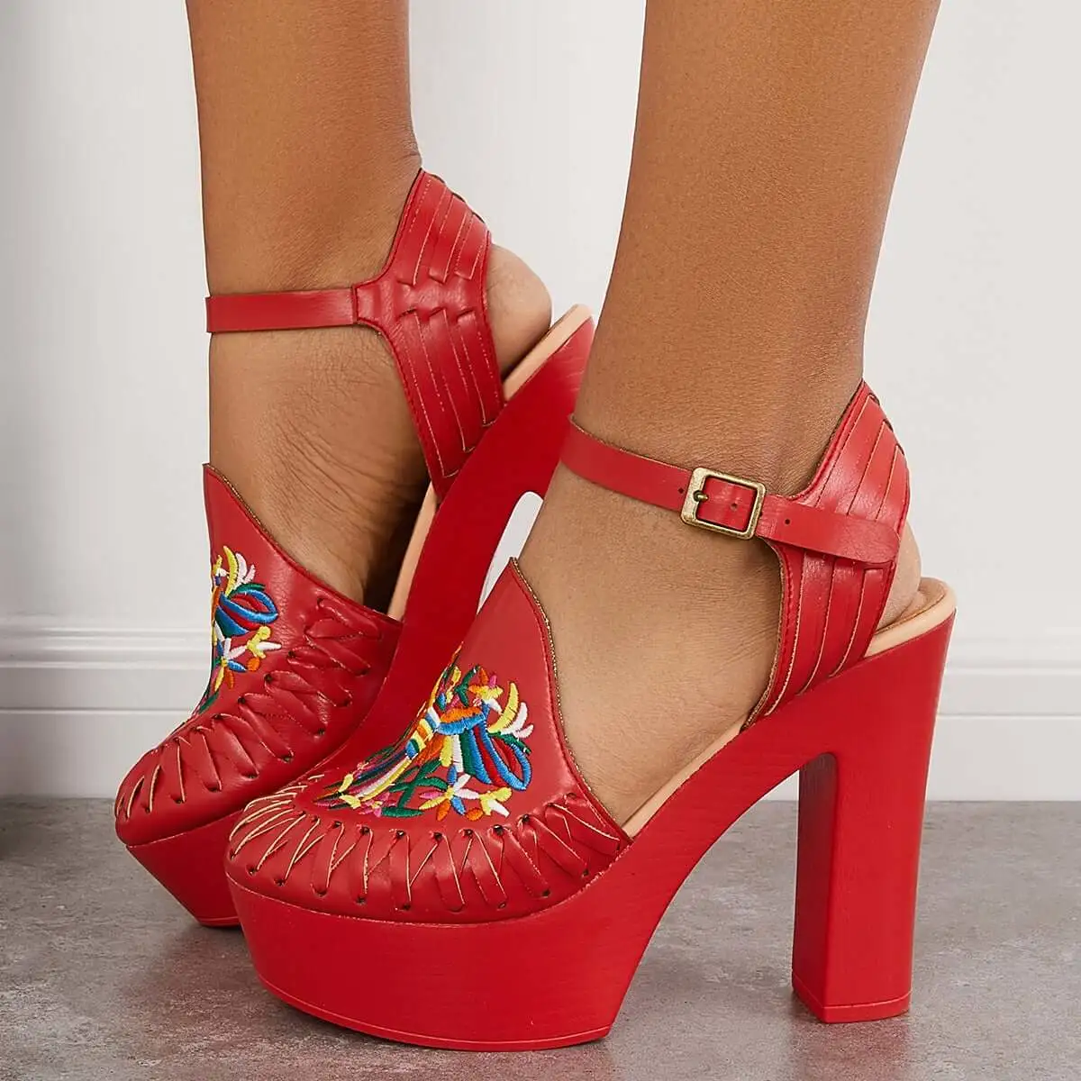 Embroidery Chunky Platform High Heels Ankle Strap Pumps