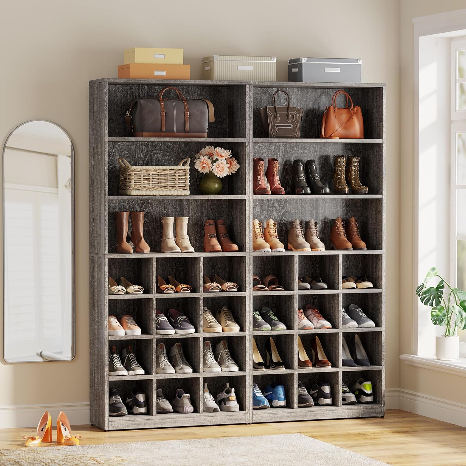 Freestanding Shoe Cabinet, 24 Pair Shoe Rack with Side Hooks