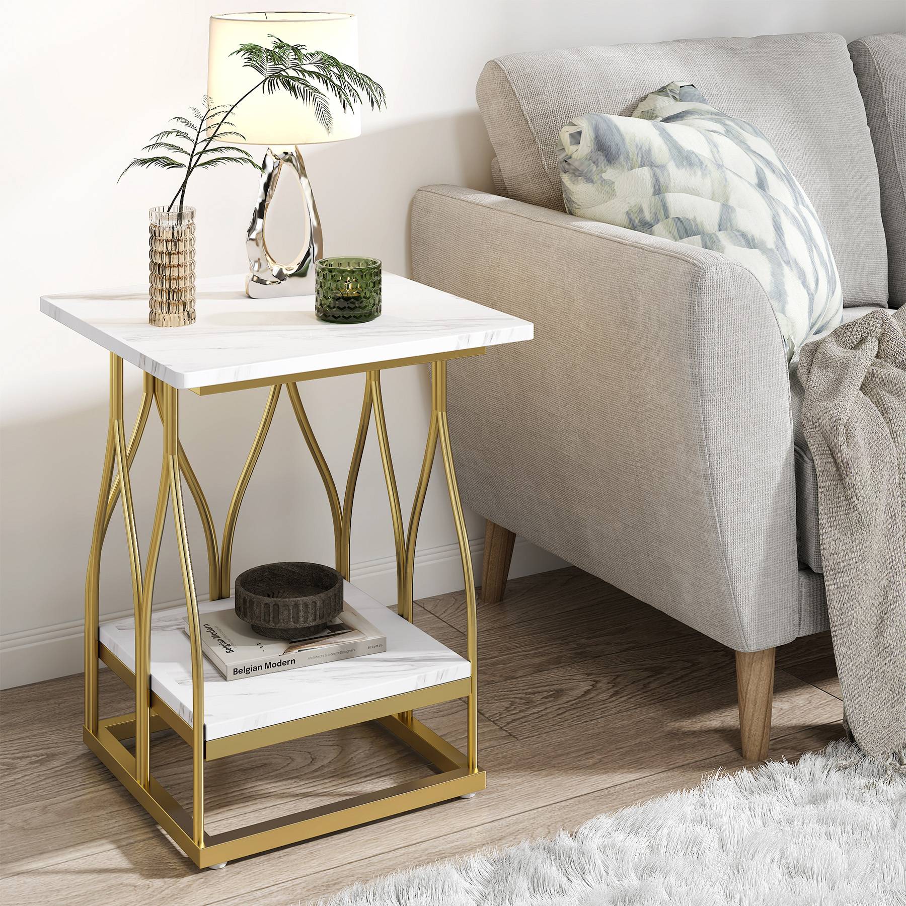 2-Tier End Table, Square Side Table Faux Marble Accent Table