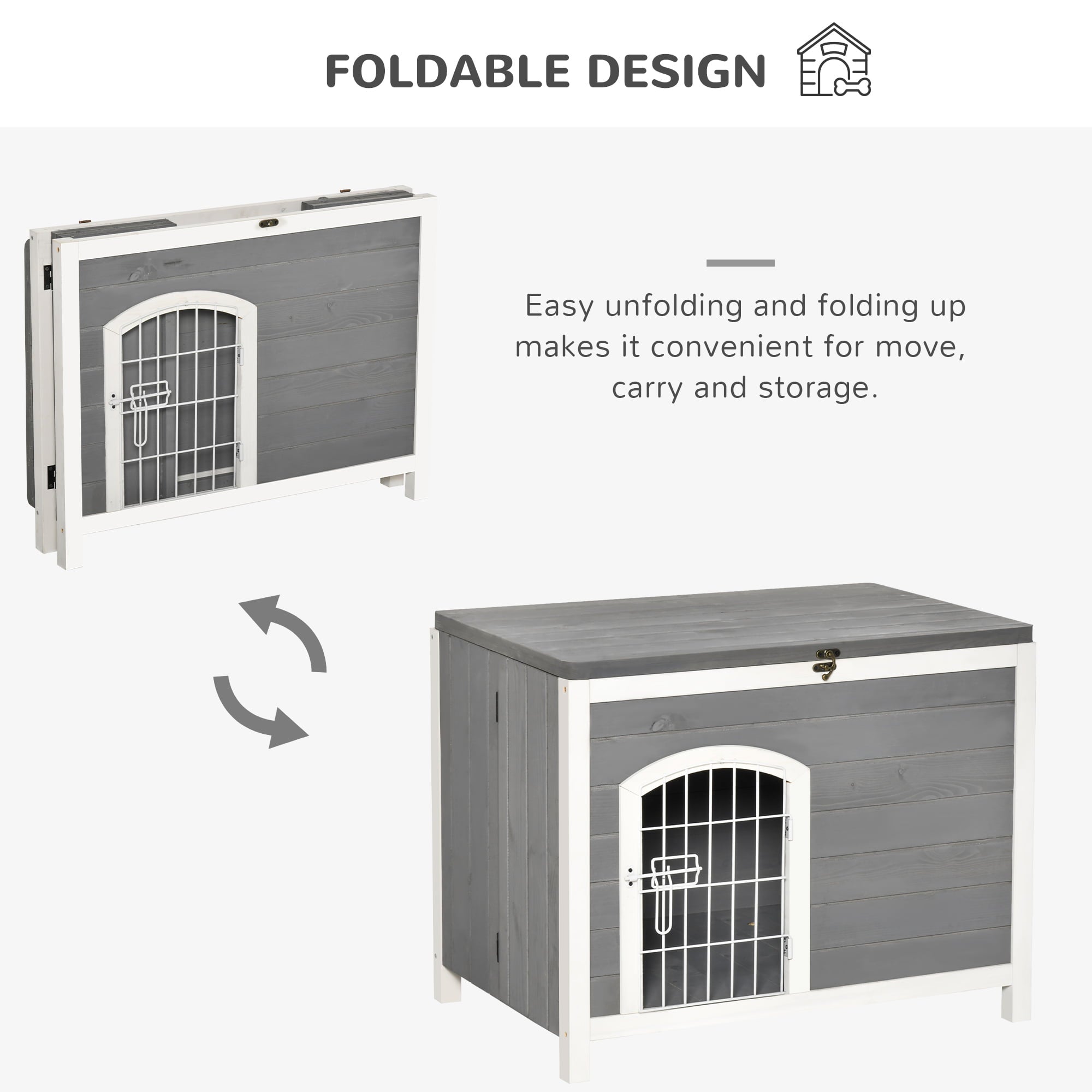 Tomshoo Foldable Raised Wooden Dog House Indoor and Outdoor Dog Cage Kennel Cat House w/ Lockable Door Openable Roof Removable Bottom for Small and Medium Pets Grey
